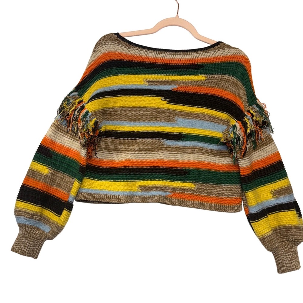 Alice + Olivia Claudette Fringe Striped Sweater Multicolor CC107S04708 Womens XS - Picture 6 of 10